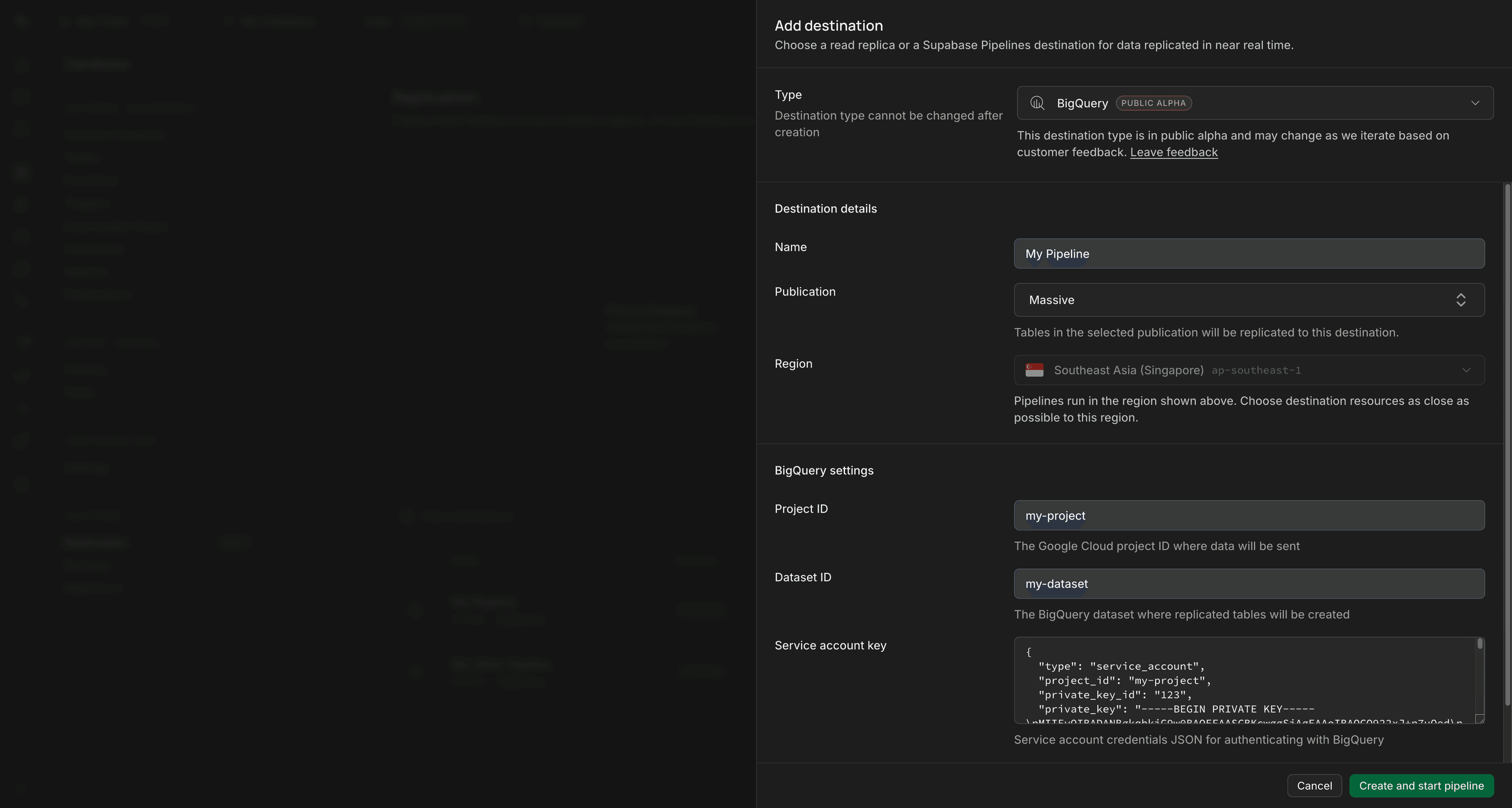 BigQuery destination form with pipeline details and BigQuery credentials