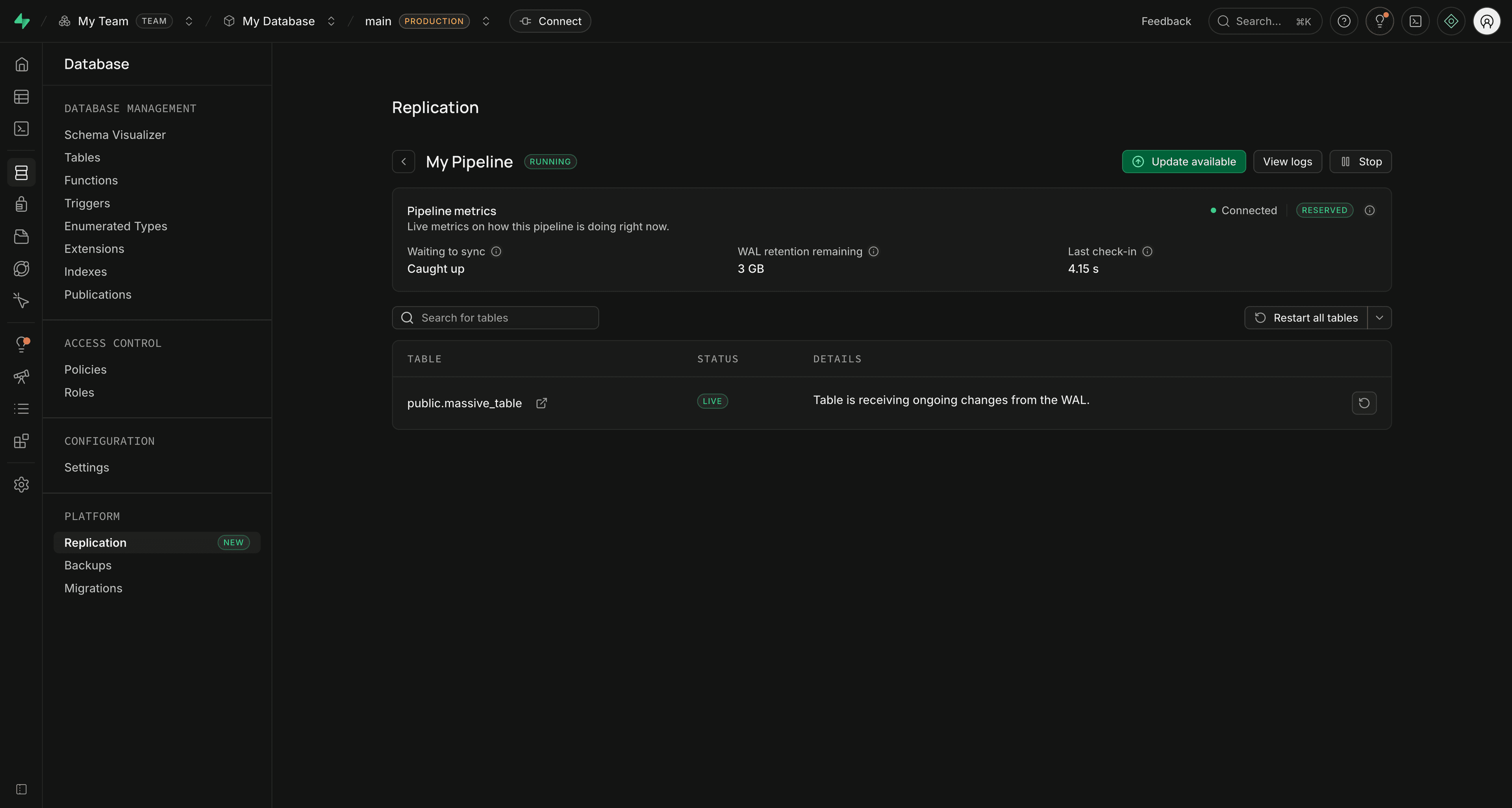 Running pipeline status page showing replication metrics and a live table