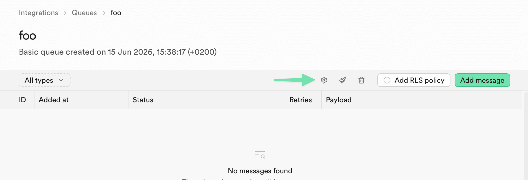 Screenshot highlighting the Queue Settings button on the Queues overview page in the Supabase Dashboard
