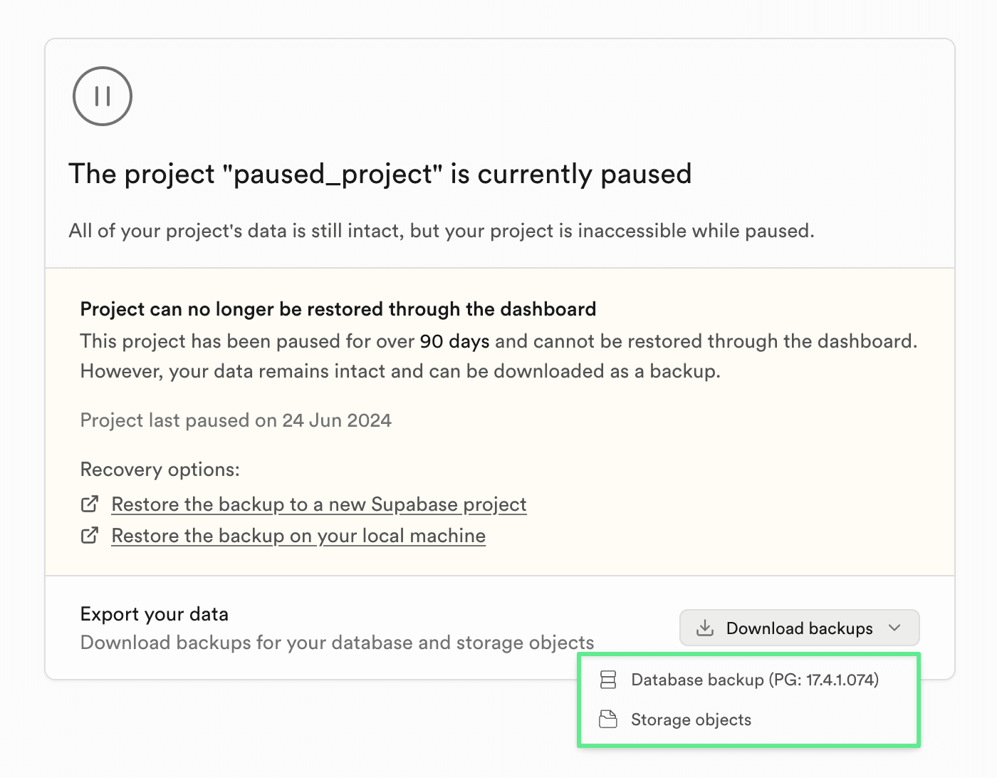 Restore project after pause