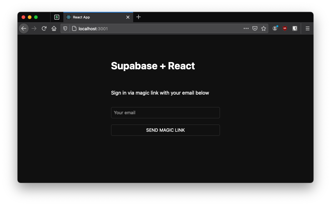 Screenshot of the Supabase React application running in a browser